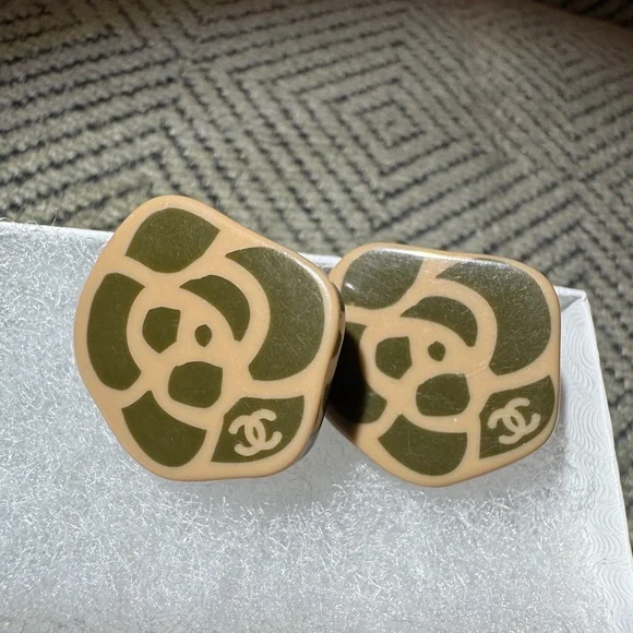 CHANEL Olive Green and Beige Camellia Earrings